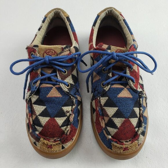 Twisted X Hooey Loper Shoe Kids 2 Blue Red Southwest Aztec Lace Up Moc Girl Boy - Picture 2 of 11